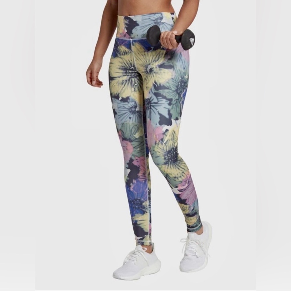 EUC ADIDAS TE AOP Tights Training Floral Print High Rise Full Length Leggings M